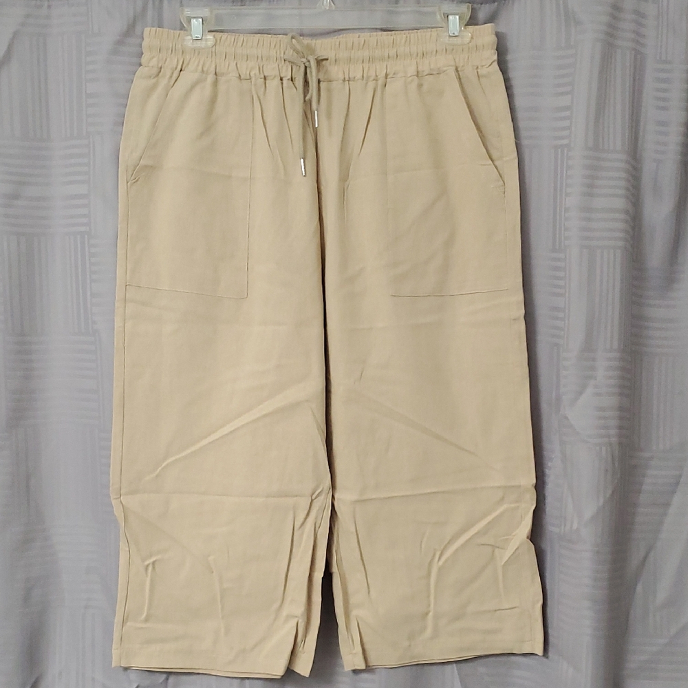 Beige Drawstring Wide-Leg Capri Pants